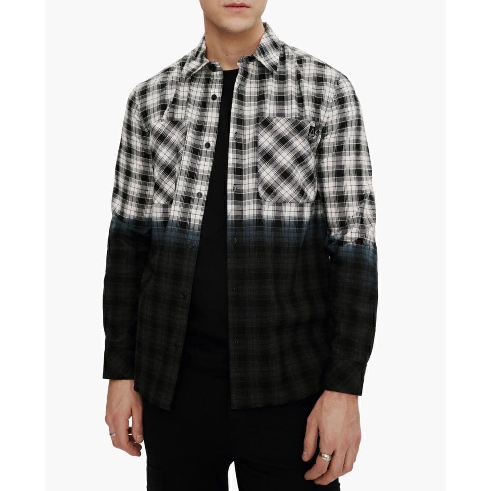 NWT ELEVENPARIS Slim Fit Dip Dye Plaid Button-Up Long Sleeve Shirt in Black